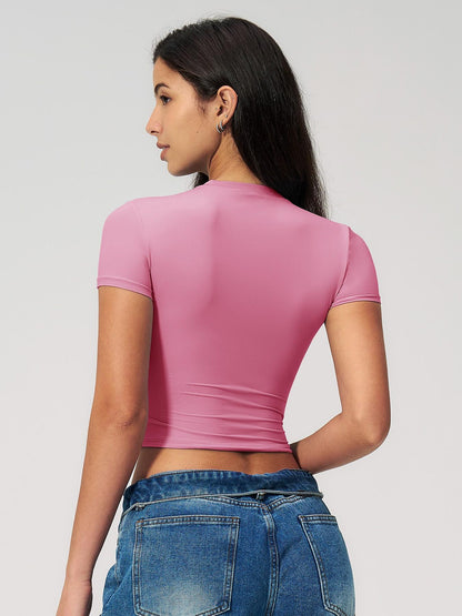 Women's Plain Round Neck Crop Sports Tee, Sporty Casual Tight-fitting Short Sleeve T-shirt for Yoga… - image 15