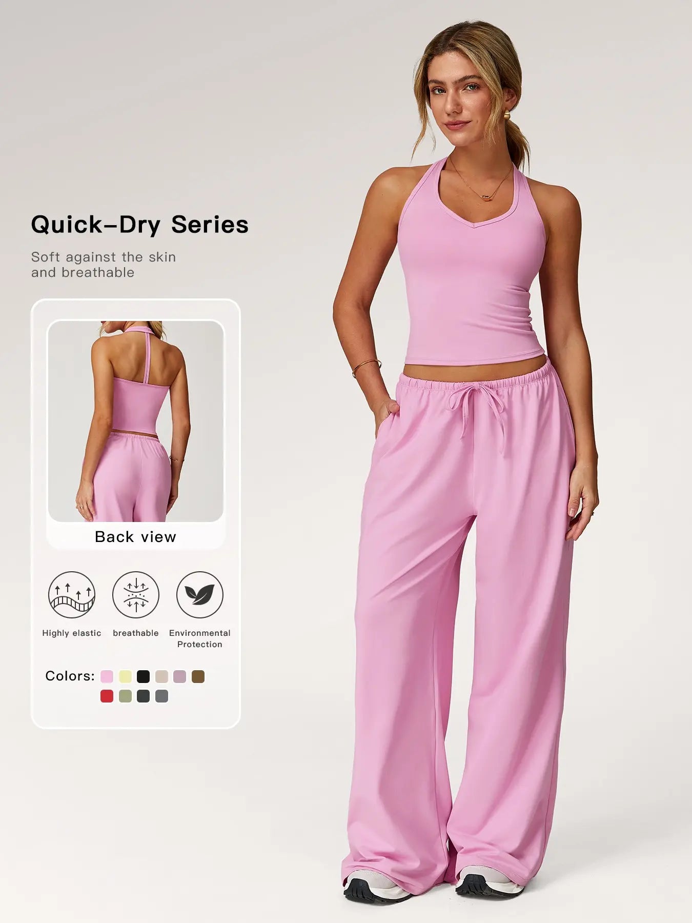 Women's Solid Halter Neck Top & Wide Leg Pants Sports Set, Casual Sleeveless Top & Pants for Daily…