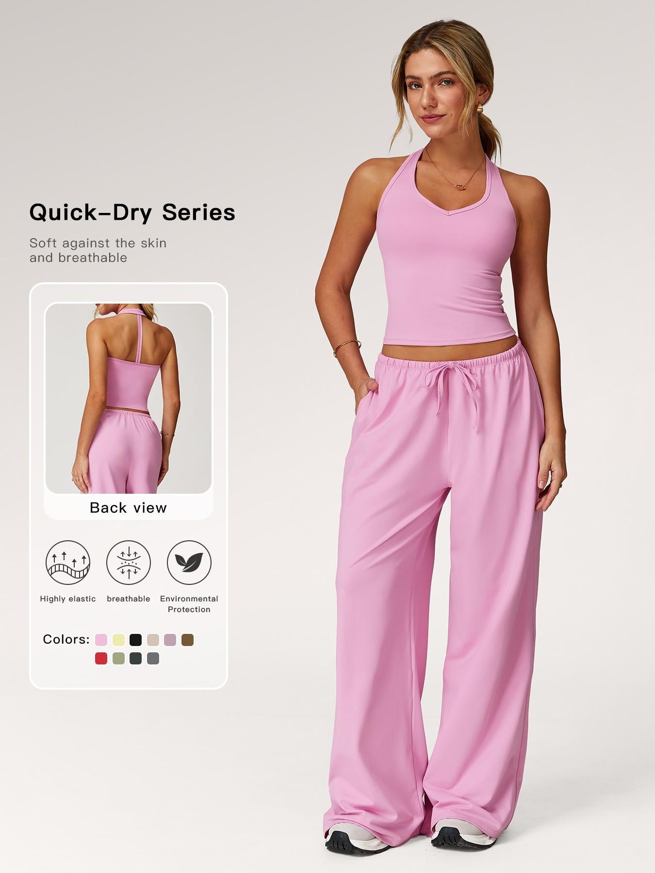 Women's Solid Halter Neck Top & Wide Leg Pants Sports Set, Casual Sleeveless Top & Pants for Daily… - image 19