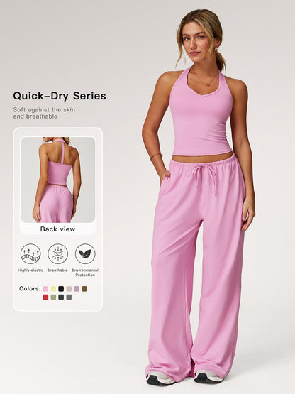 Women's Solid Halter Neck Top & Wide Leg Pants Sports Set, Casual Sleeveless Top & Pants for Daily… - image 19