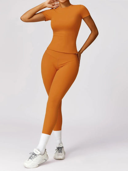 Women's Plain Round Neck Crop Tee & High Waist Leggings Tracksuit Set, Athleisure Workout Set - image 2