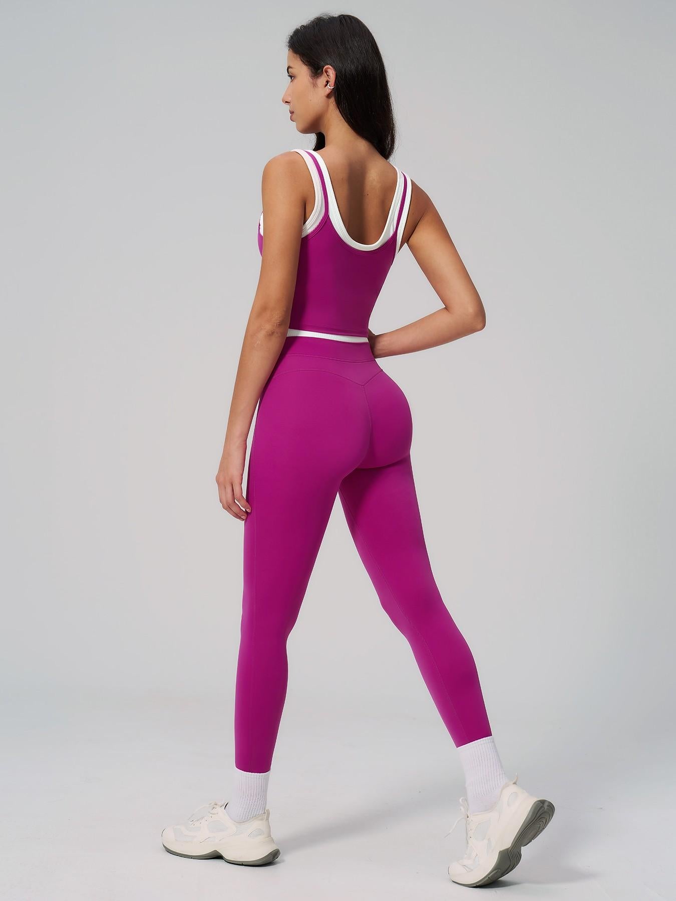 Women's Two-Piece Colorblock Yoga Set, High-Waisted Ribbed Casual Fitness Sportswear - image 13