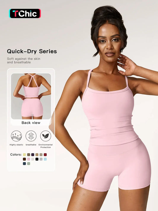 Women's Backless Cami Top & High Waist Shorts Tracksuit Set