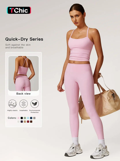 Women's Solid Cut Out Backless Cami Top & High Waist Leggings Tracksuit Set, Sporty Comfy Breathable…