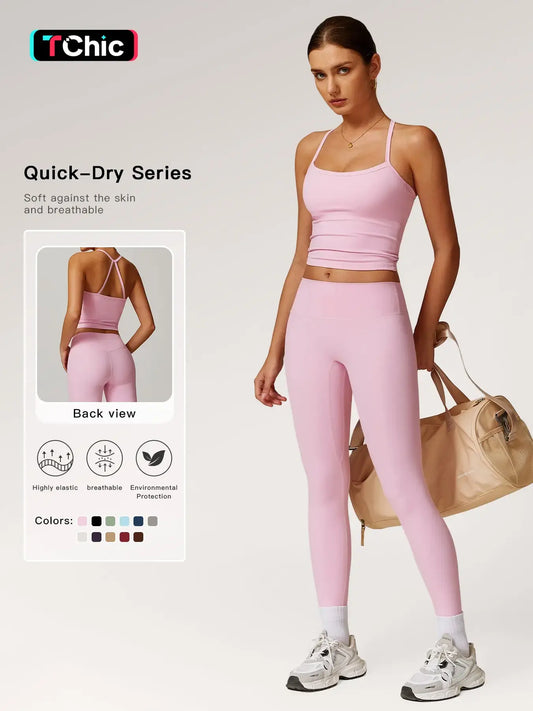 Women's Solid Cut Out Backless Cami Top & High Waist Leggings Tracksuit Set, Sporty Comfy Breathable…