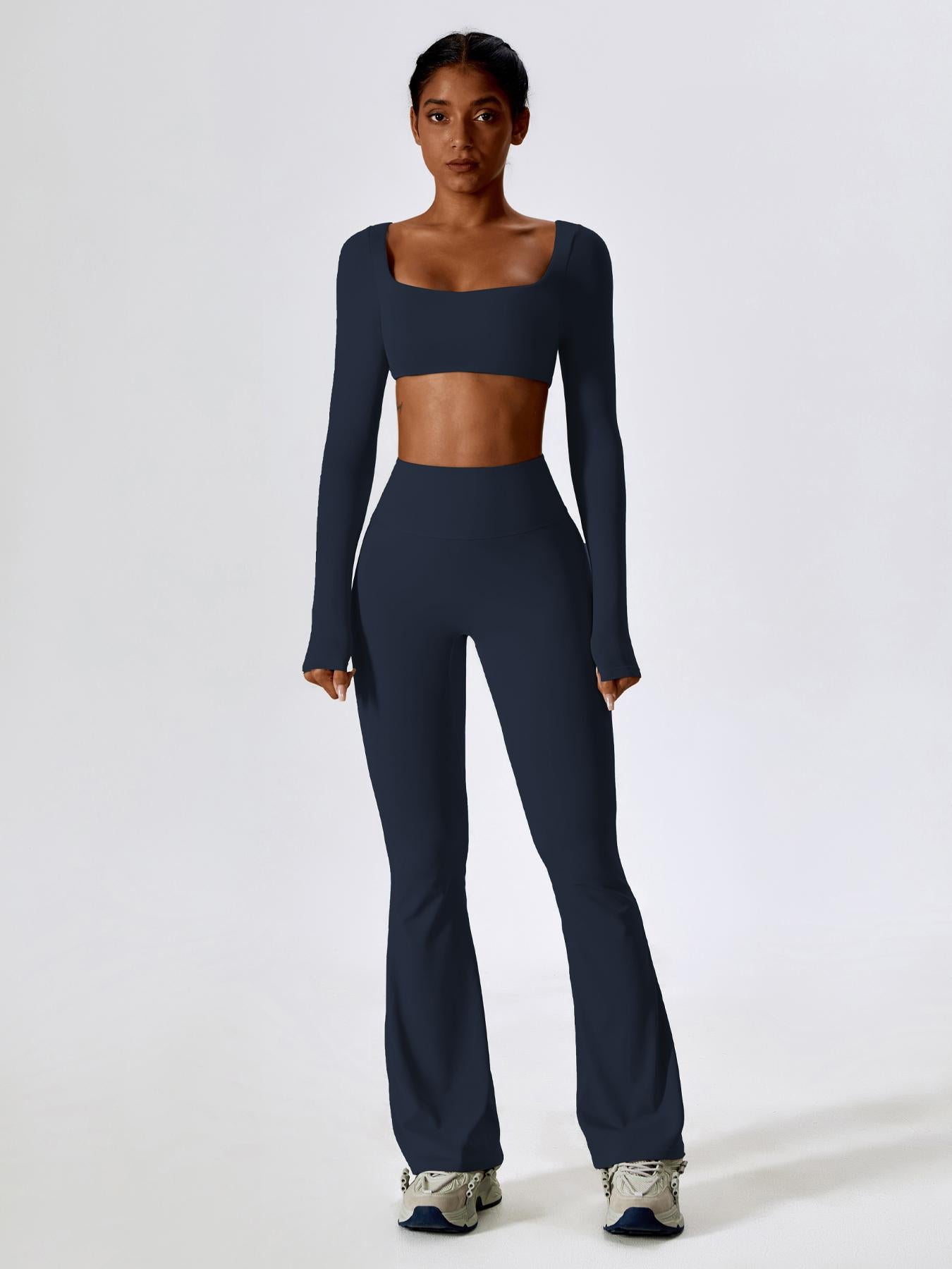Women's Solid Square Neck Crop Top & High Waist Flare Leg Pants Tracksuit Set, Sporty Comfy… - image 27
