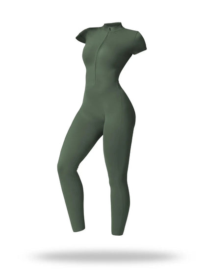 Women's Solid Short Sleeve Half Zip Sports Jumpsuit, Stretchy Jumpsuit