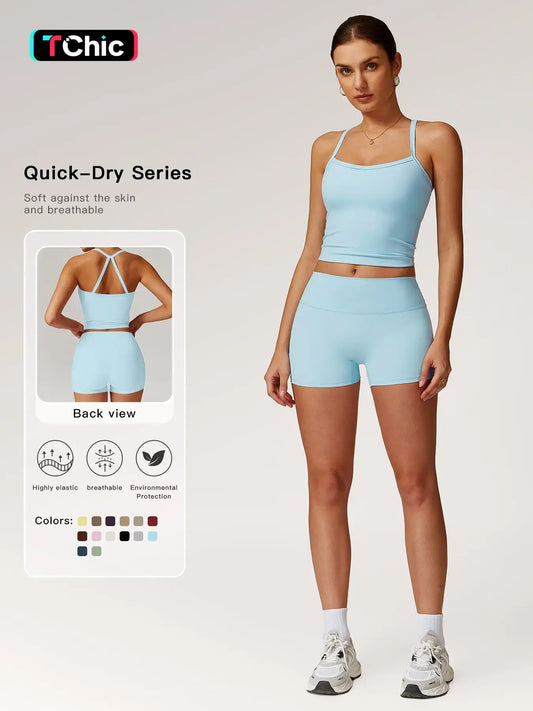Women's Backless Crop Cami & Shorts Set for Activewear and Yoga