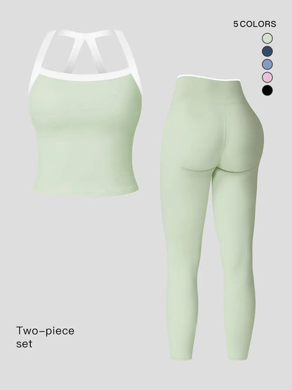 Women's Yoga Set, Colorblock Crisscross Backless Crop Top & High Waist Leggings