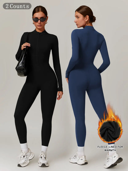 Women's Solid Zip-up Skiing Jumpsuit - Sporty Activewear