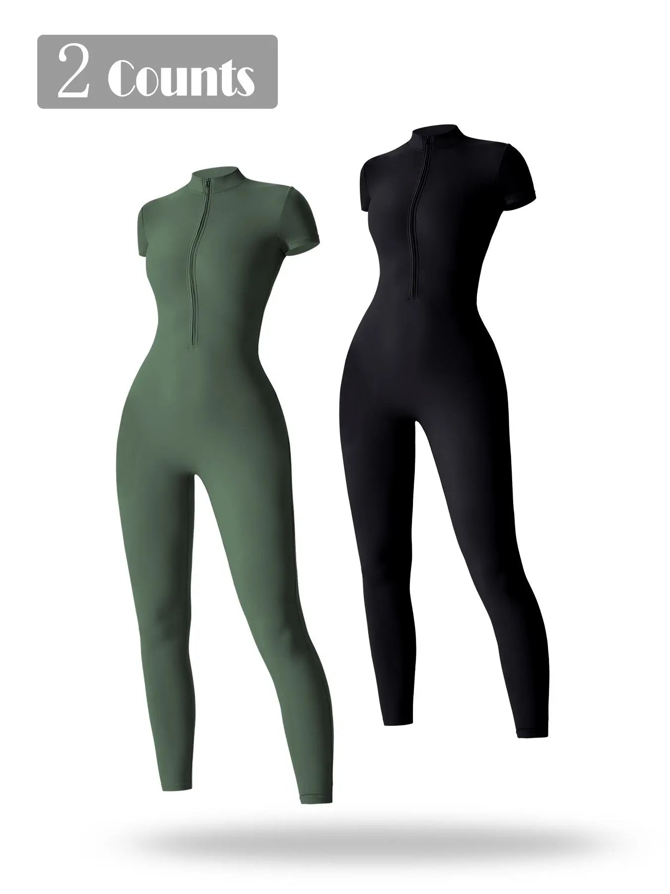 Women's Solid Short Sleeve Half Zip Sports Jumpsuit, Stretchy Jumpsuit