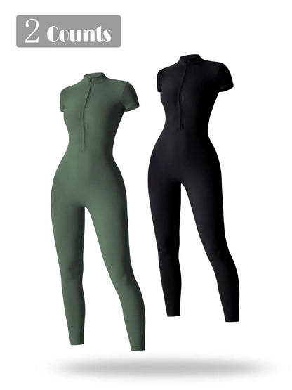 Women's Solid Short Sleeve Half Zip Sports Jumpsuit, Stretchy Jumpsuit