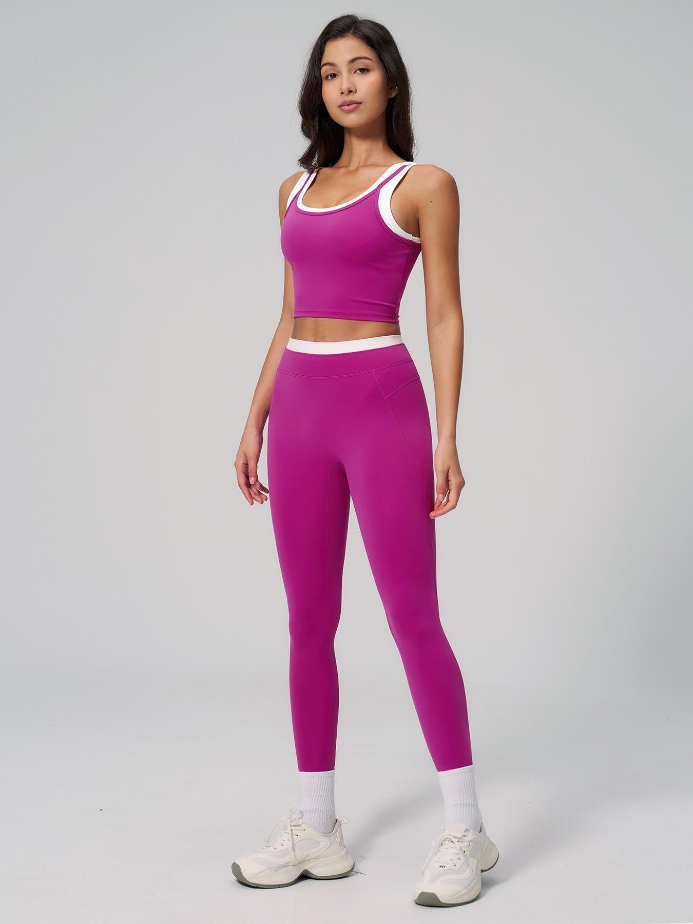 Women's Two-Piece Colorblock Yoga Set, High-Waisted Ribbed Casual Fitness Sportswear - image 15