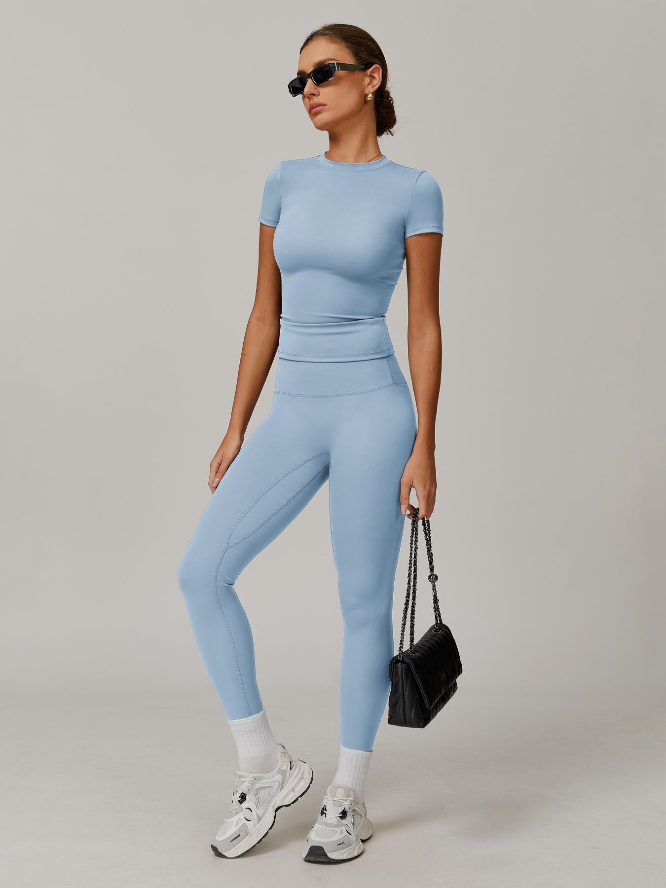 Women's Solid Color Top & High Waist Leggings Sports Set, Casual Comfy Breathable Two-piece Sports… - image 18
