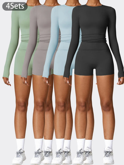 Women's Solid Round Neck Sports Tee & High Waist Shorts Set