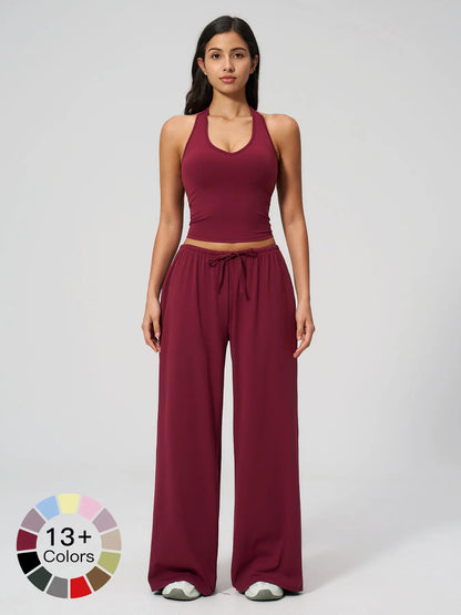 Women's Solid Halter Neck Top & Wide Leg Pants Sports Set, Casual Sleeveless Top & Pants for Daily…