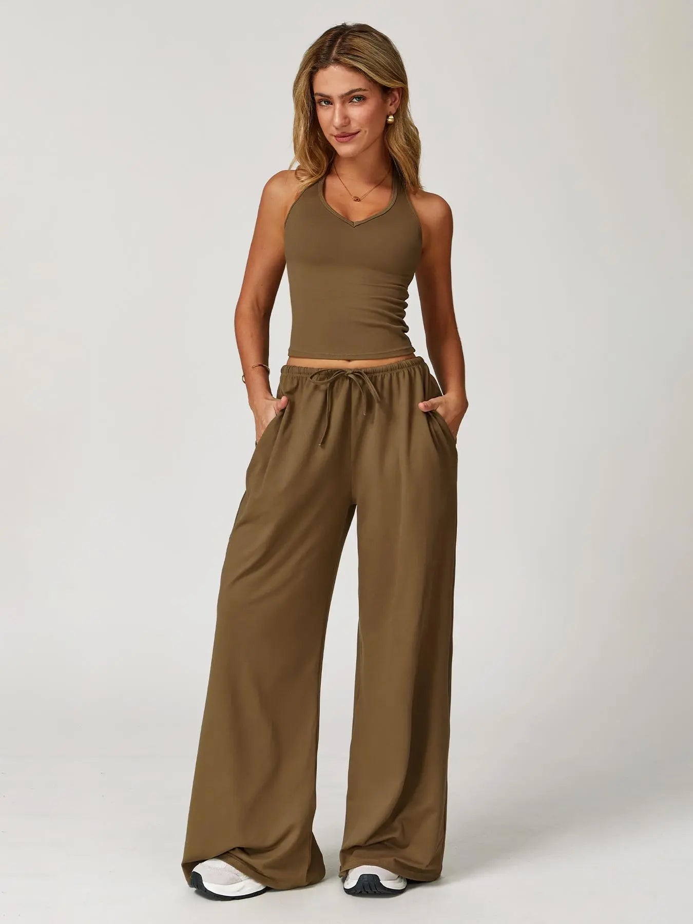 Women's Solid Halter Neck Top & Wide Leg Pants Sports Set, Casual Sleeveless Top & Pants for Daily… - image 7