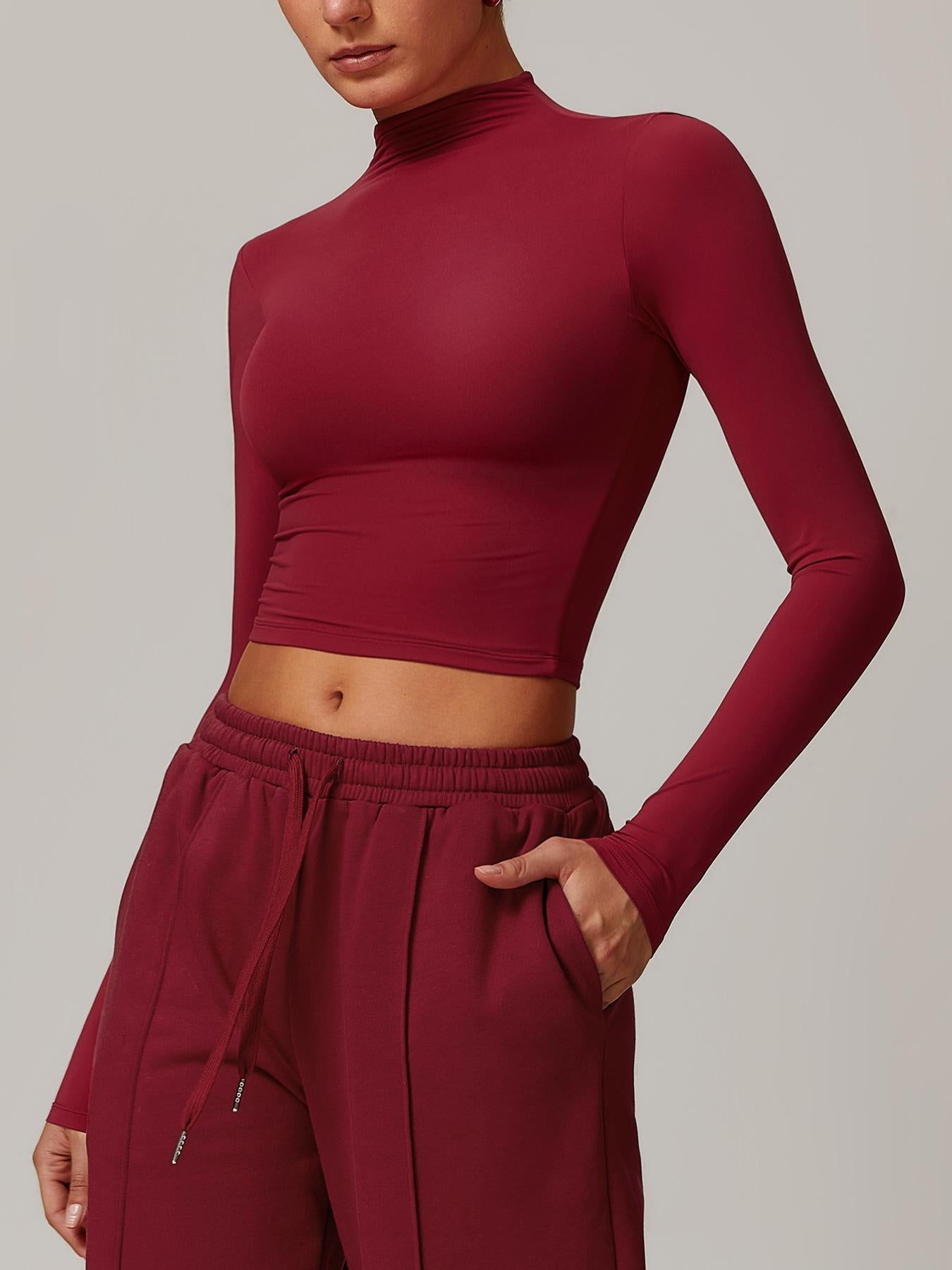 Women's Solid Mock Neck Sports Tee, Quick-Dry Breathable Long Sleeve T-Shirt for Yoga - image 15