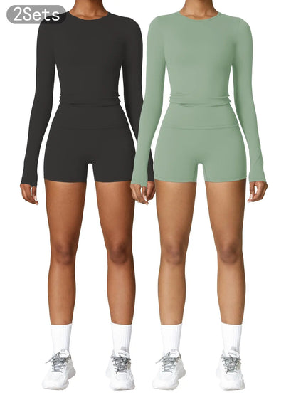 Women's Solid Round Neck Sports Tee & High Waist Shorts Set