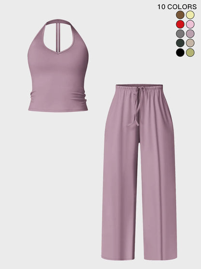 Women's Halter Neck Top & Wide Leg Pants Sports Set, Casual Sleeveless Top & Pants