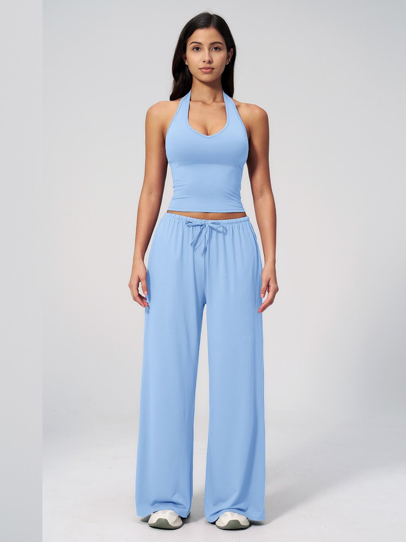 Women's Solid Halter Neck Top & Wide Leg Pants Sports Set, Casual Sleeveless Top & Pants for Daily… - image 14
