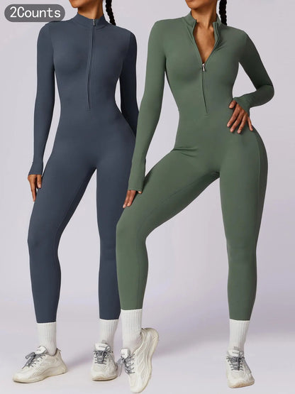 Women's Solid Zip Up Long Sleeve Sports Jumpsuit