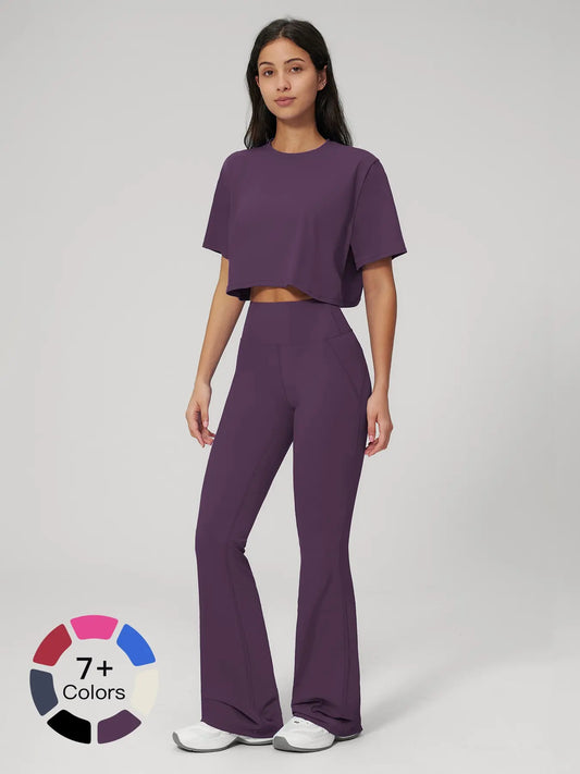 Women's Quick-Dry Yoga Set, Short Sleeve Tight-Fit Top & Long Pants - image 2