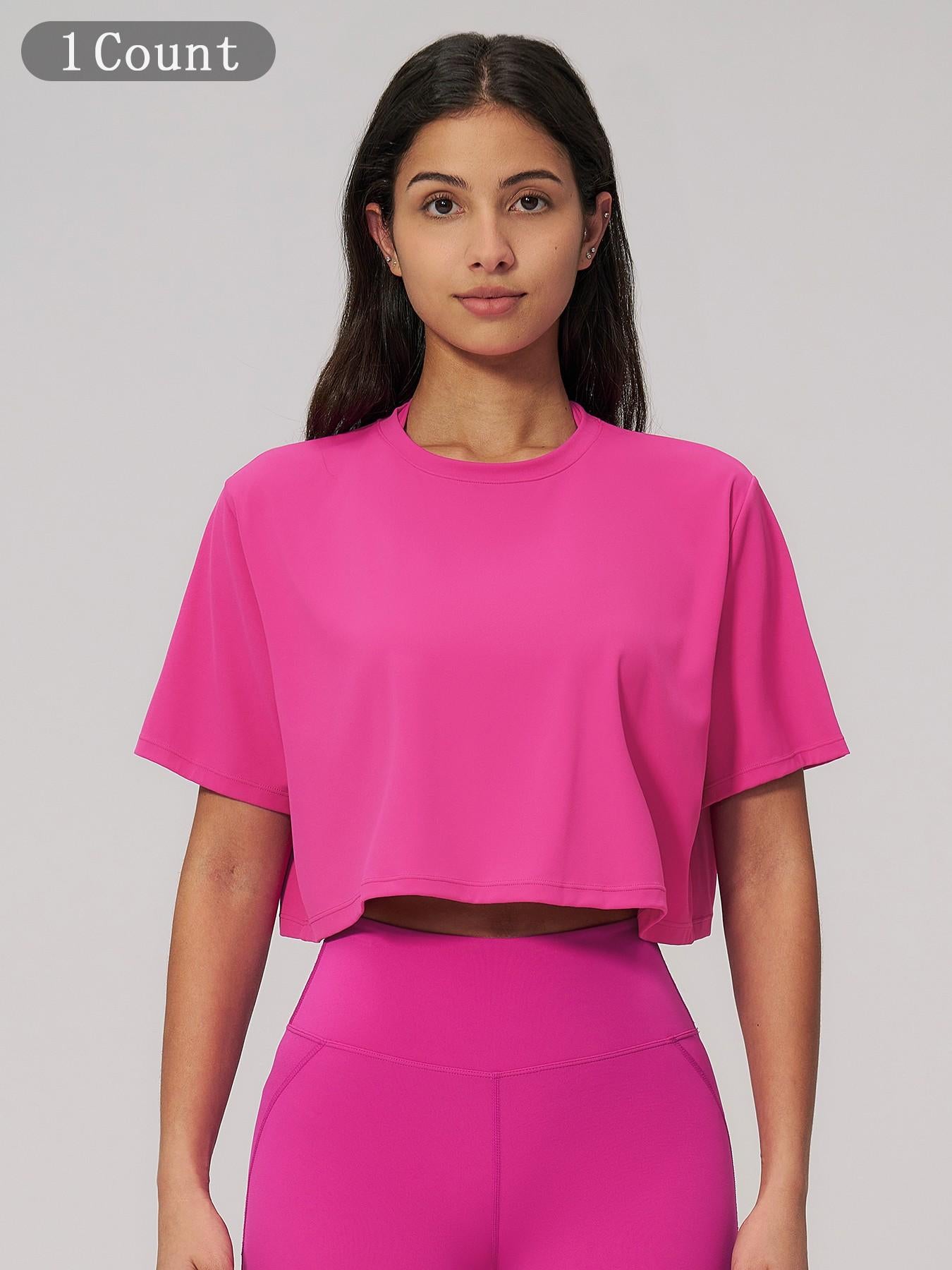Women's Sporty Short Sleeve Yoga Top, Loose Fit Round Neck Crop Tee - image 12