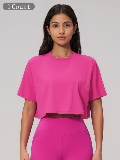 Women's Sporty Short Sleeve Yoga Top, Loose Fit Round Neck Crop Tee - image 12