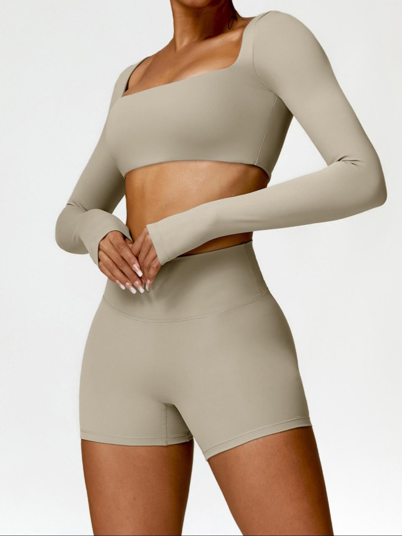 Women's Solid Long Sleeve Crop Tee & High Waist Shorts Tracksuit Set, Sporty Square Neck Top & Short… - image 12