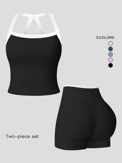 Women's Athletic Yoga Set, Sporty Plain Colorblock Crisscross Backless Crop Top & Tight-Fitting Shorts - image 3