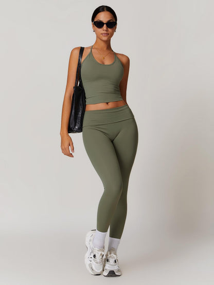 Two-Piece Set Women's Solid Backless Halter Crop Top & Fold Over Waist Leggings Tracksuit Set, Casual… - image 14