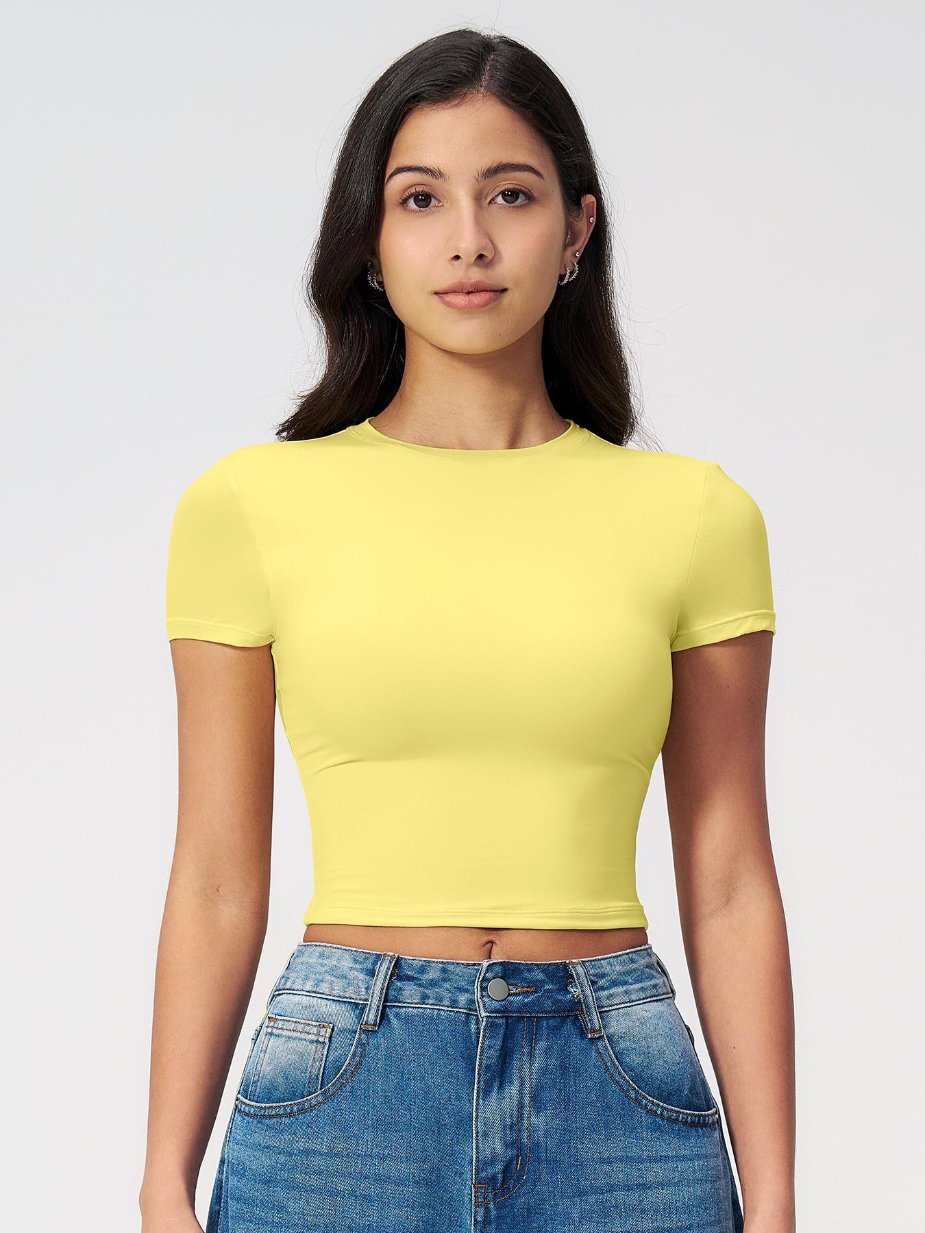 Women's Plain Round Neck Crop Sports Tee, Sporty Casual Tight-fitting Short Sleeve T-shirt for Yoga… - image 24