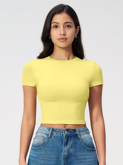 Women's Plain Round Neck Crop Sports Tee, Sporty Casual Tight-fitting Short Sleeve T-shirt for Yoga… - image 24