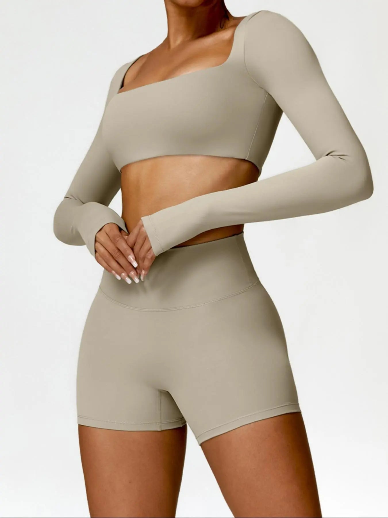 Women's Solid Long Sleeve Crop Tee & High Waist Shorts Tracksuit Set, Sporty Square Neck Top & Short…