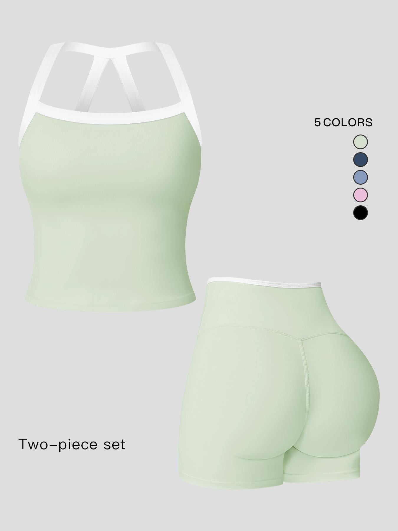 Women's Athletic Yoga Set, Sporty Plain Colorblock Crisscross Backless Crop Top & Tight-Fitting Shorts - image 21