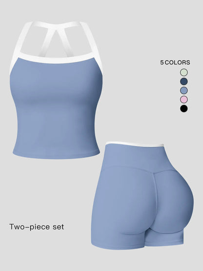 Women's Athletic Yoga Set, Sporty Plain Colorblock Crisscross Backless Crop Top & Tight-Fitting Shorts