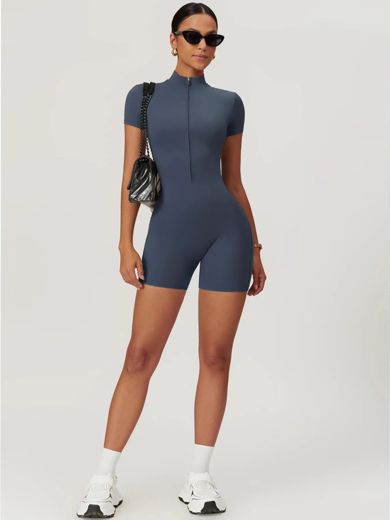 Sporty Women's Solid Color Zip Up Half Placket Mock Neck Sports Skinny Romper, Casual Quick Drying… - image 6