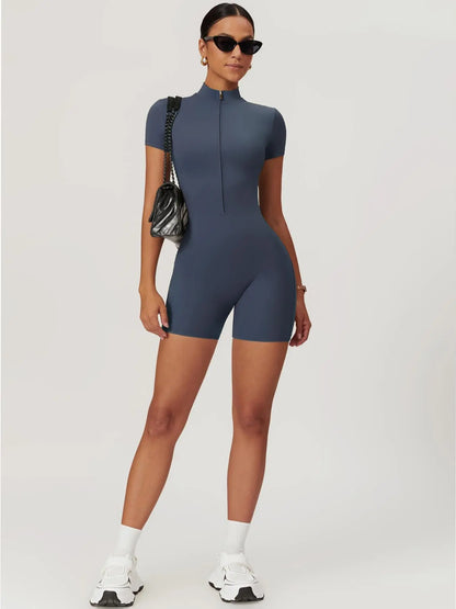 Sporty Women's Solid Color Zip Up Half Placket Mock Neck Sports Skinny Romper, Casual Quick Drying… - image 6