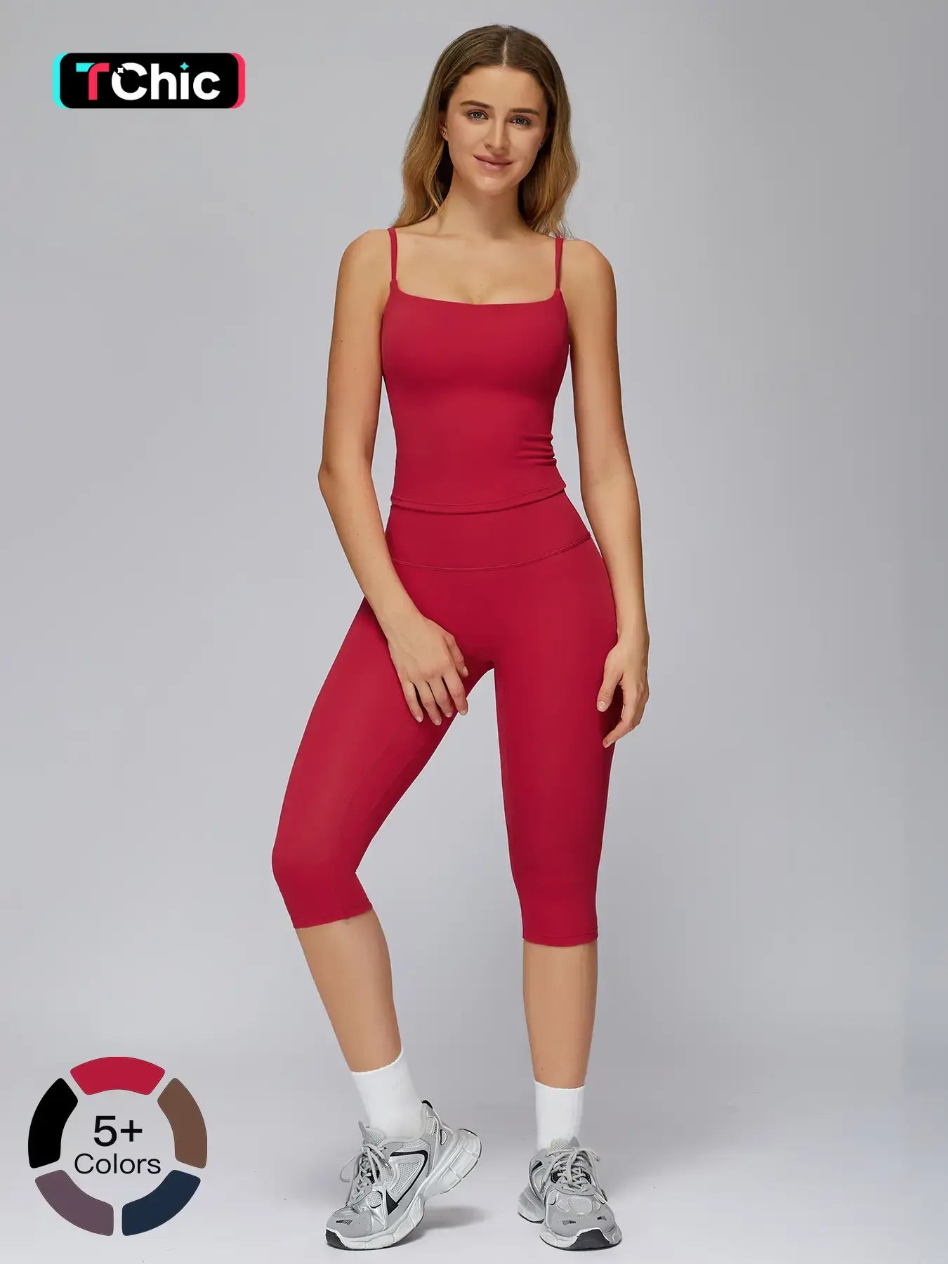 Women's Yoga Set, Tight-Fitting Mid-Thigh Pants & Casual Sports Tank Top