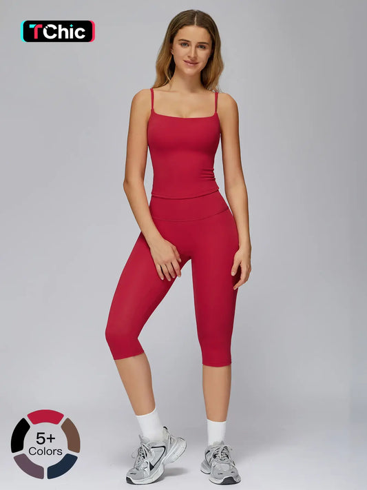 Women's Yoga Set, Tight-Fitting Mid-Thigh Pants & Casual Sports Tank Top