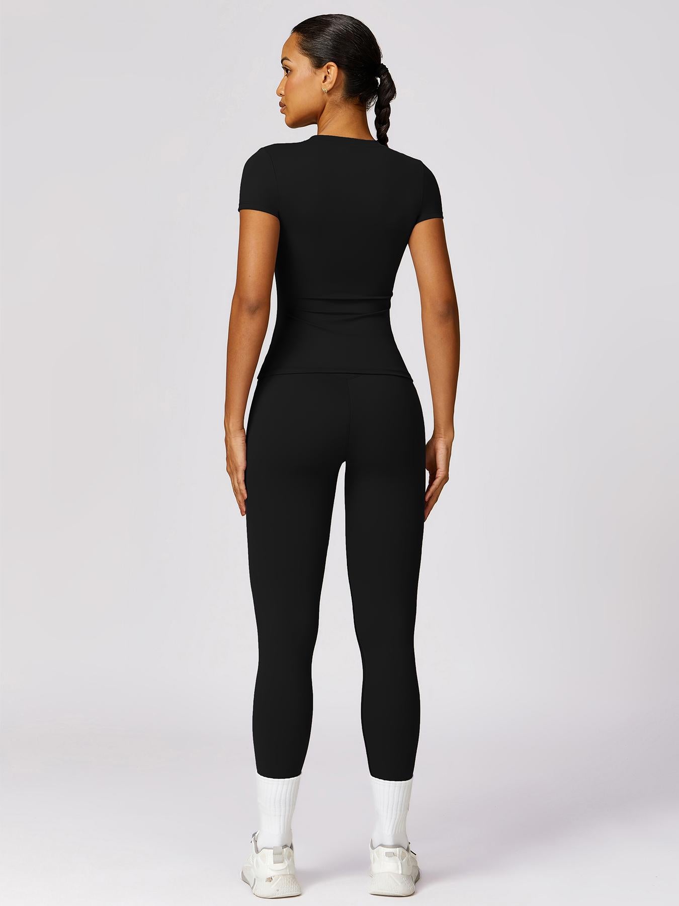 Women's Plain Round Neck Crop Tee & High Waist Leggings Tracksuit Set, Activewear Set - image 13