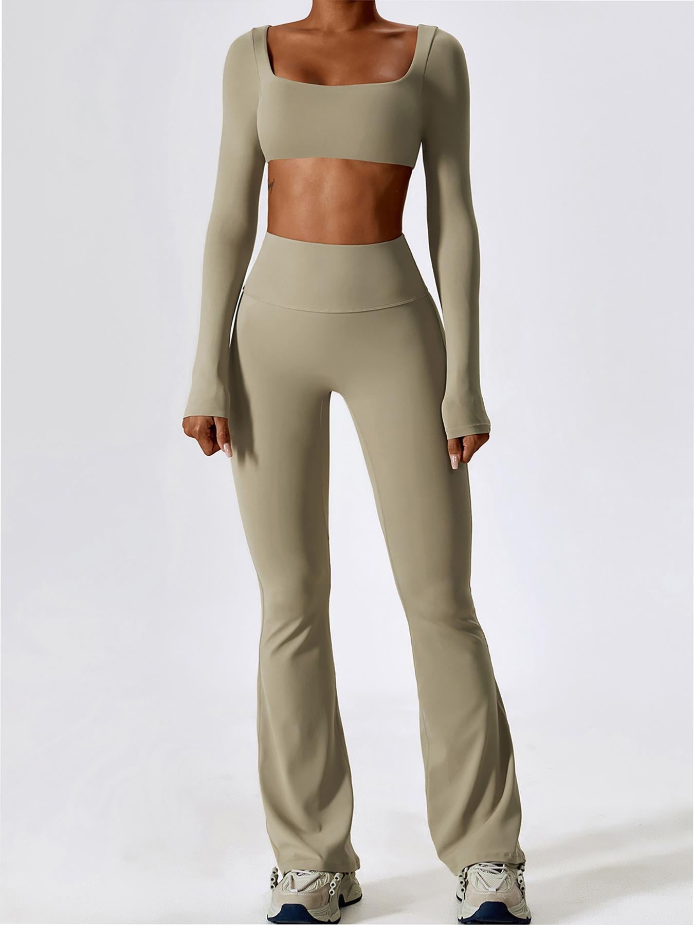 Women's Solid Square Neck Crop Top & High Waist Flare Leg Pants Tracksuit Set, Sporty Comfy… - image 21