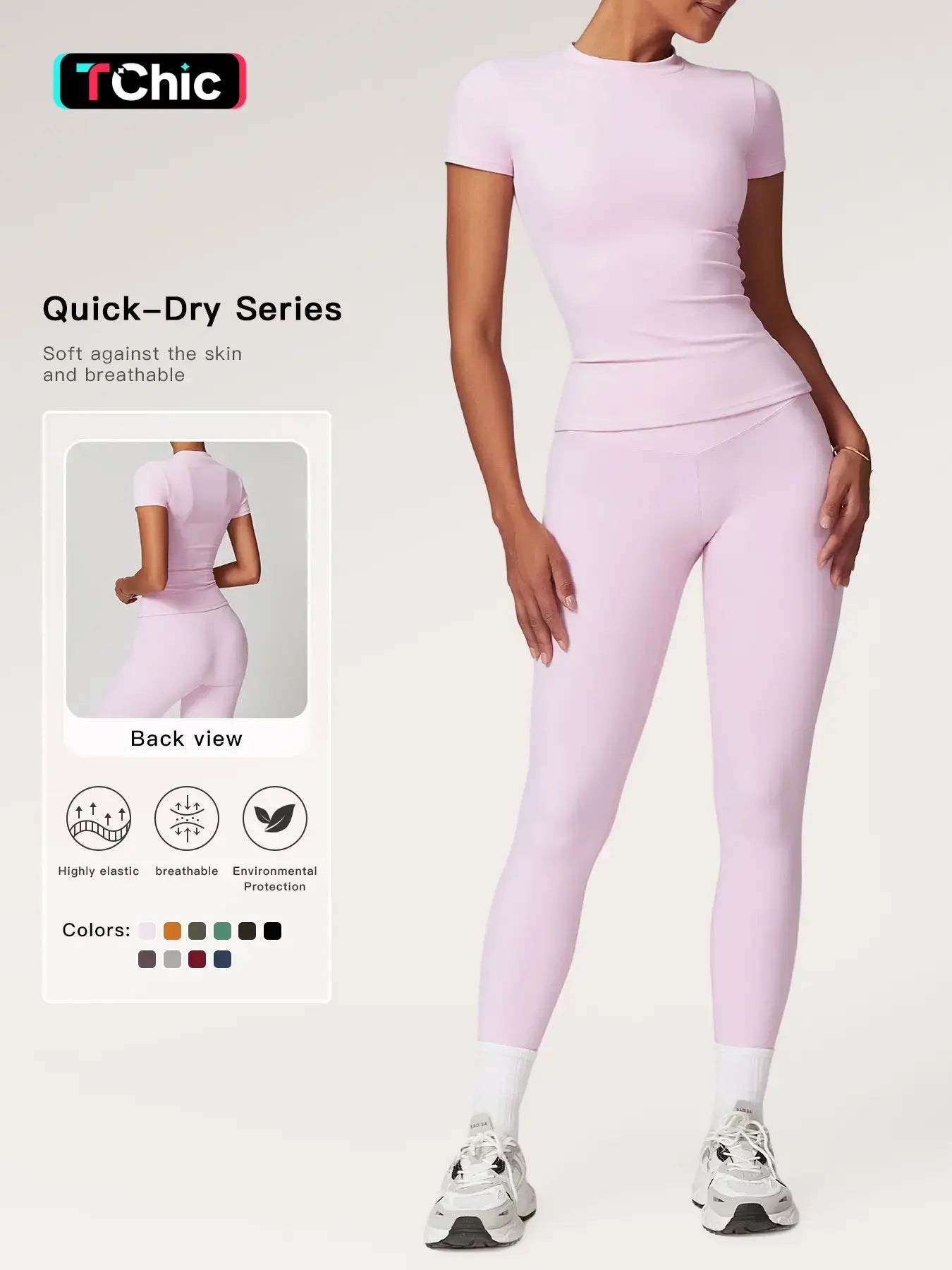 Women's Plain Round Neck Crop Tee & High Waist Leggings Tracksuit Set, Athleisure Workout Set