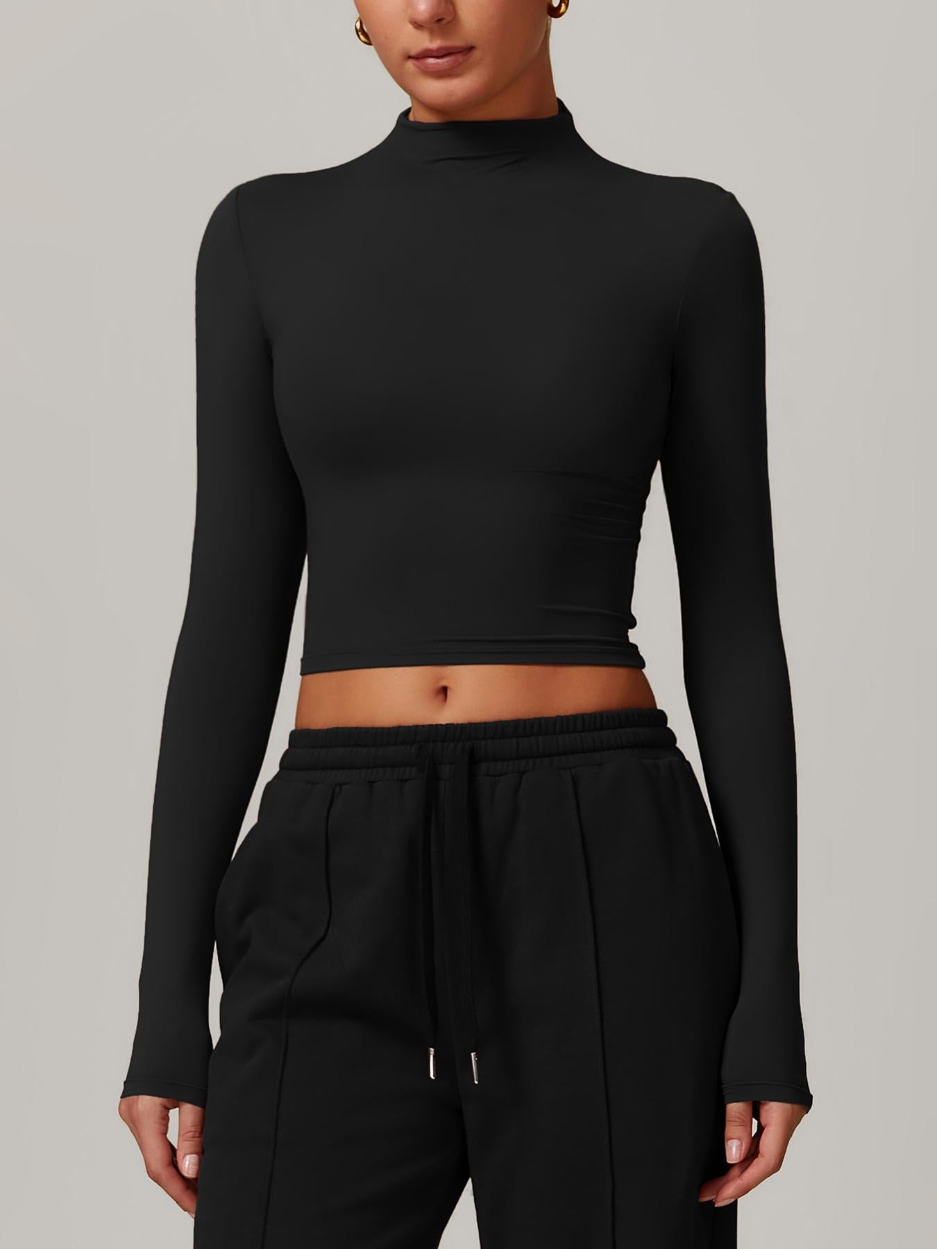 Women's Solid Mock Neck Sports Tee, Quick-Dry Breathable Long Sleeve T-Shirt for Yoga - image 14