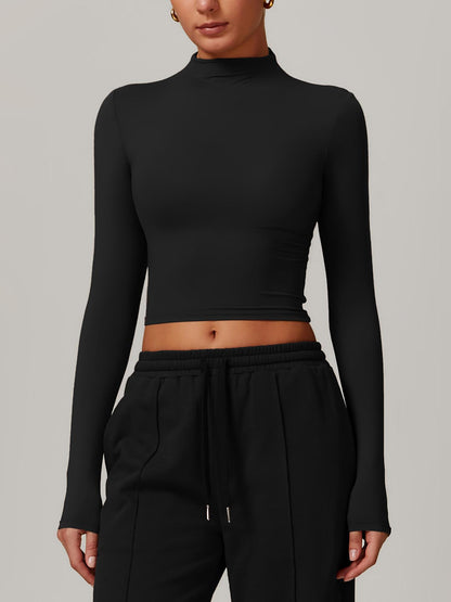 Women's Solid Mock Neck Sports Tee, Quick-Dry Breathable Long Sleeve T-Shirt for Yoga - image 14