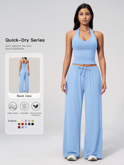 Women's Solid Halter Neck Top & Wide Leg Pants Sports Set, Casual Sleeveless Top & Pants for Daily… - image 11