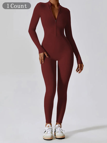Women's Solid Zip Up Long Sleeve Sports Jumpsuit