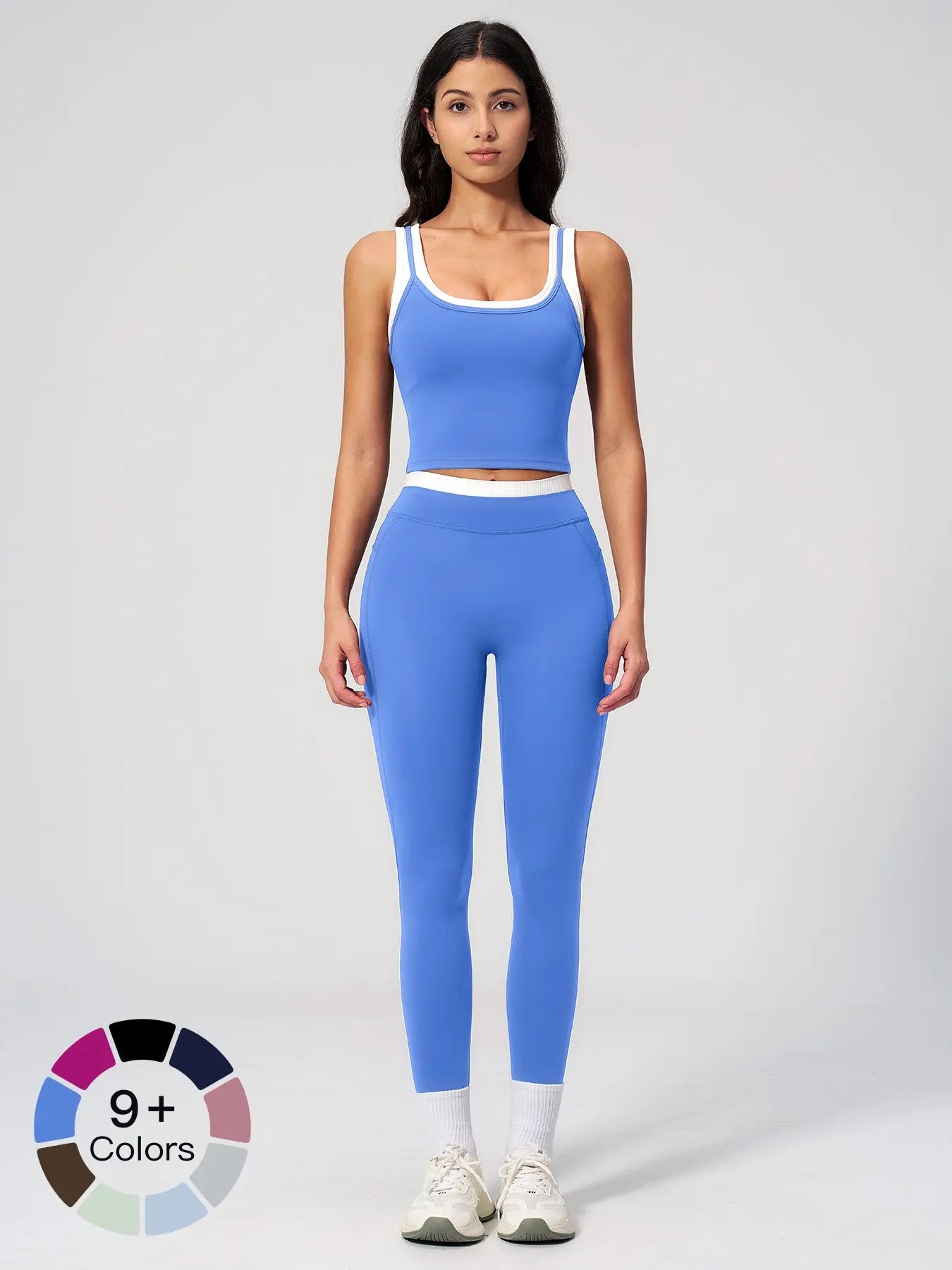Women's Two-Piece Colorblock Yoga Set, High-Waisted Ribbed Casual Fitness Sportswear