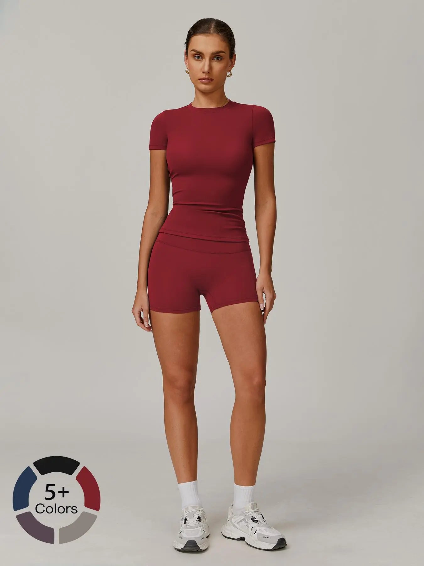 Women's Solid Ribbed Crop Tee & High Waist Shorts Set, Quick Drying for Yoga Gym Workout Running